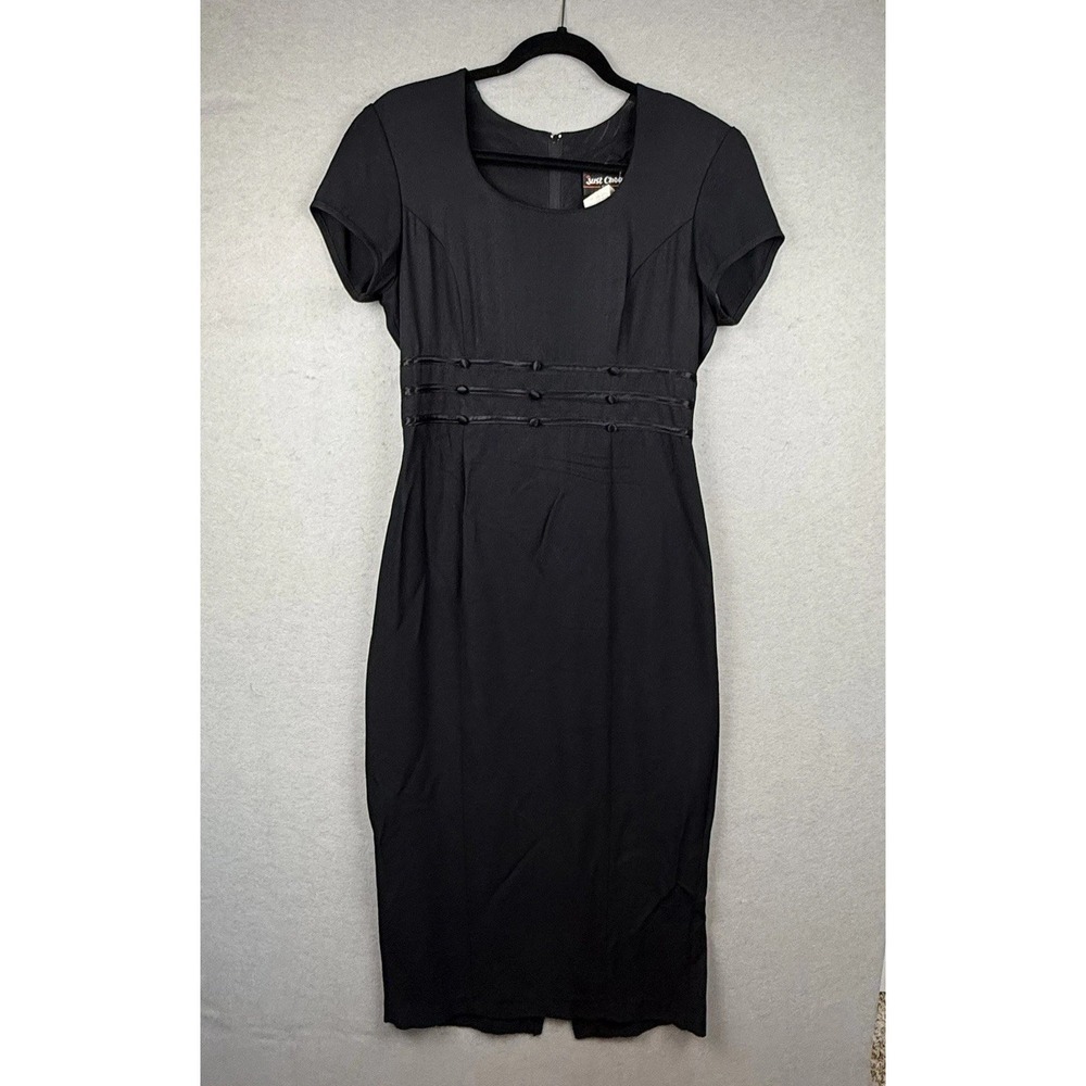 Vtg Just Choon Black Modest Short Sleeve Empire Waist‎ Midi Dress LBD Sz 11 USA